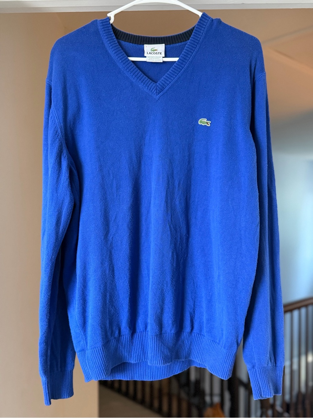 Lacoste Men’s Blue Cotton V-Neck Sweater Size 5 Large Classic Crocodile Logo